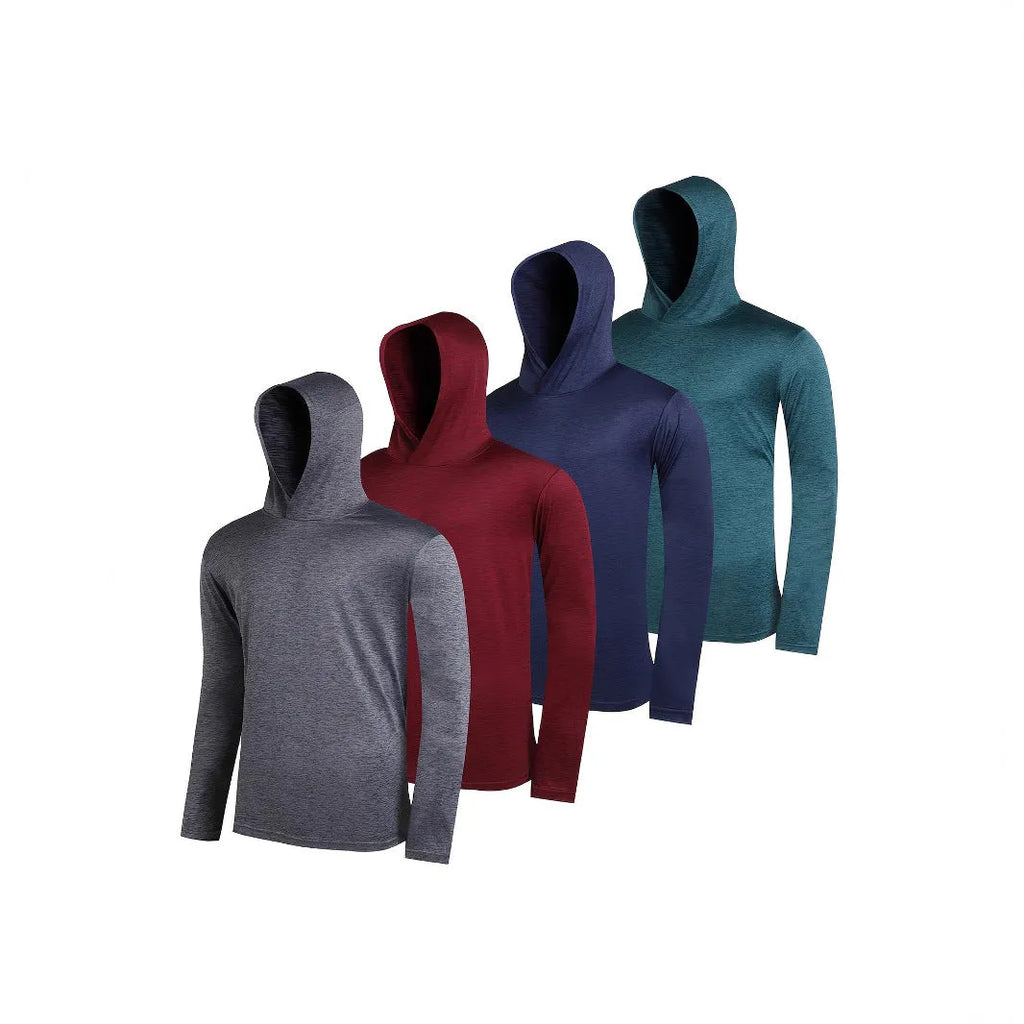Men's lightweight polyester hoodie four-piece set in multiple colours showing hooded and non-hooded styles.