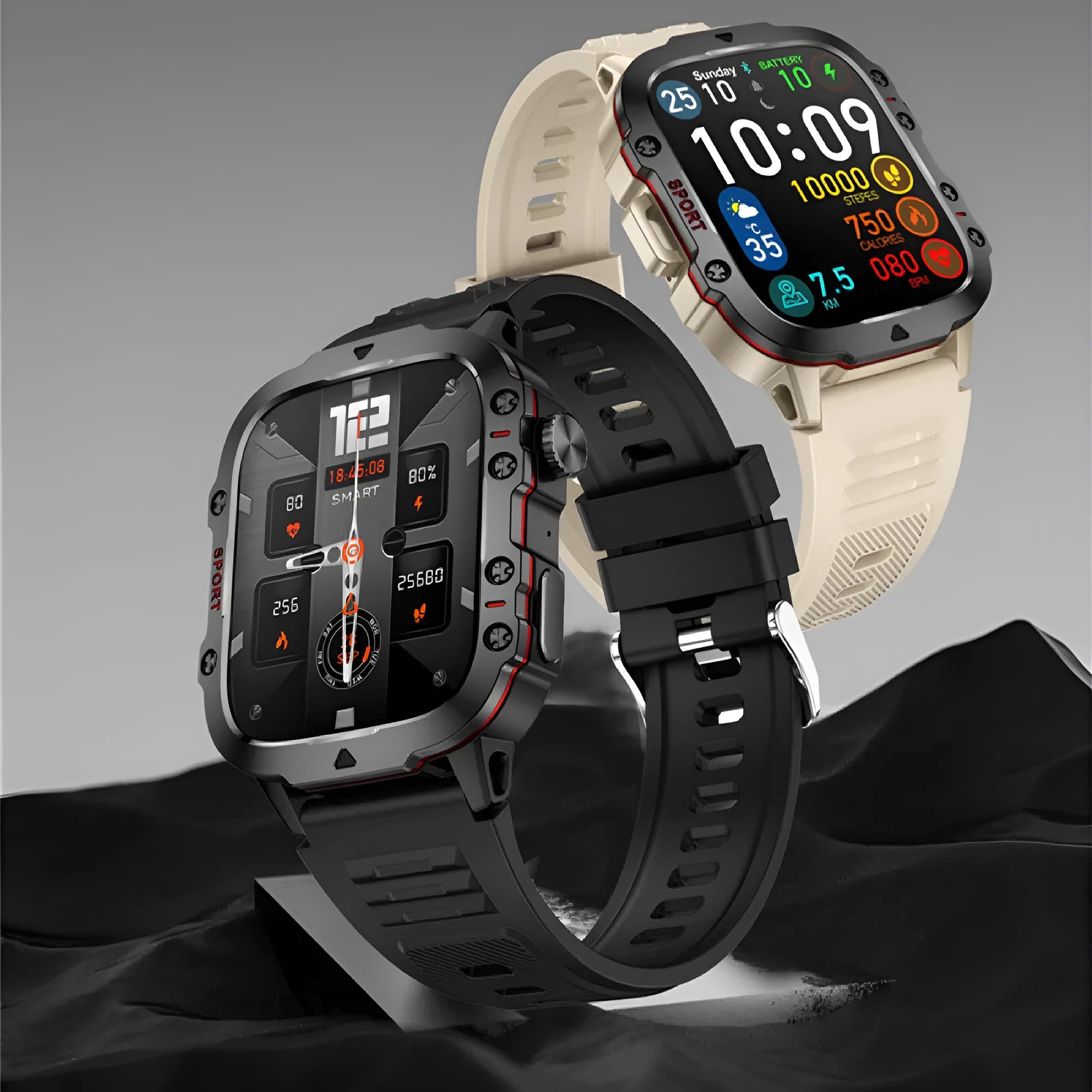 QX11 Smart Watch in black with silicone strap showing TFT touch screen displaying heart rate data.