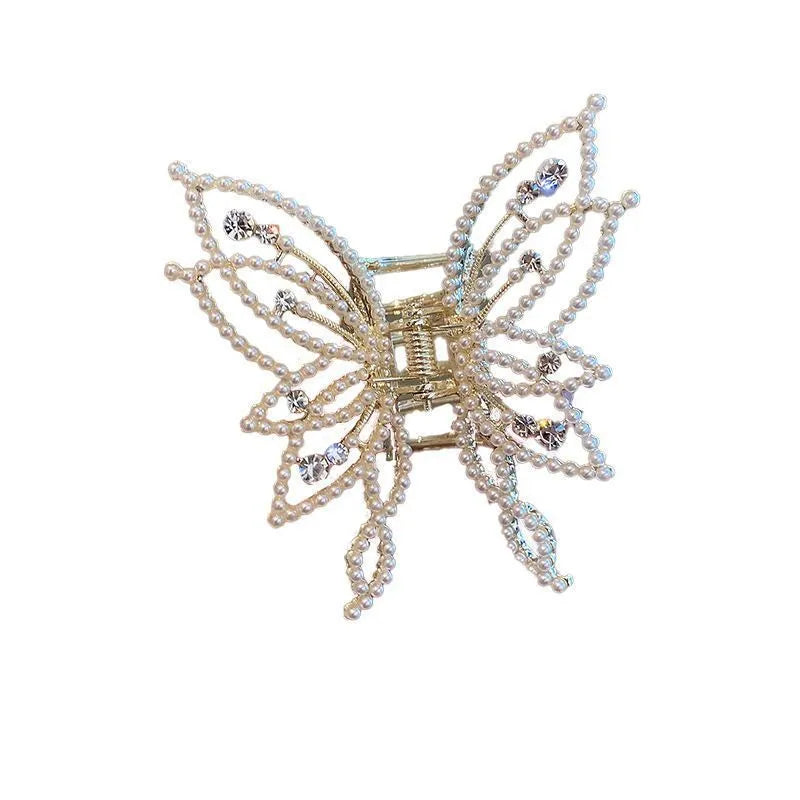 Butterfly hair barrettes for women in alloy metal with rhinestone or pearl style finishes