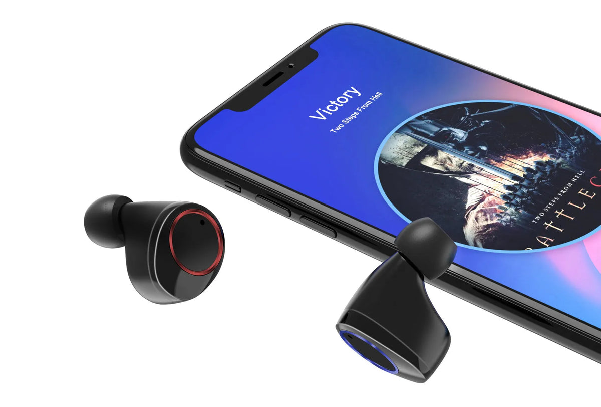 Black X11 Sky-Free true wireless Bluetooth earbuds with compact charging case on a white background.