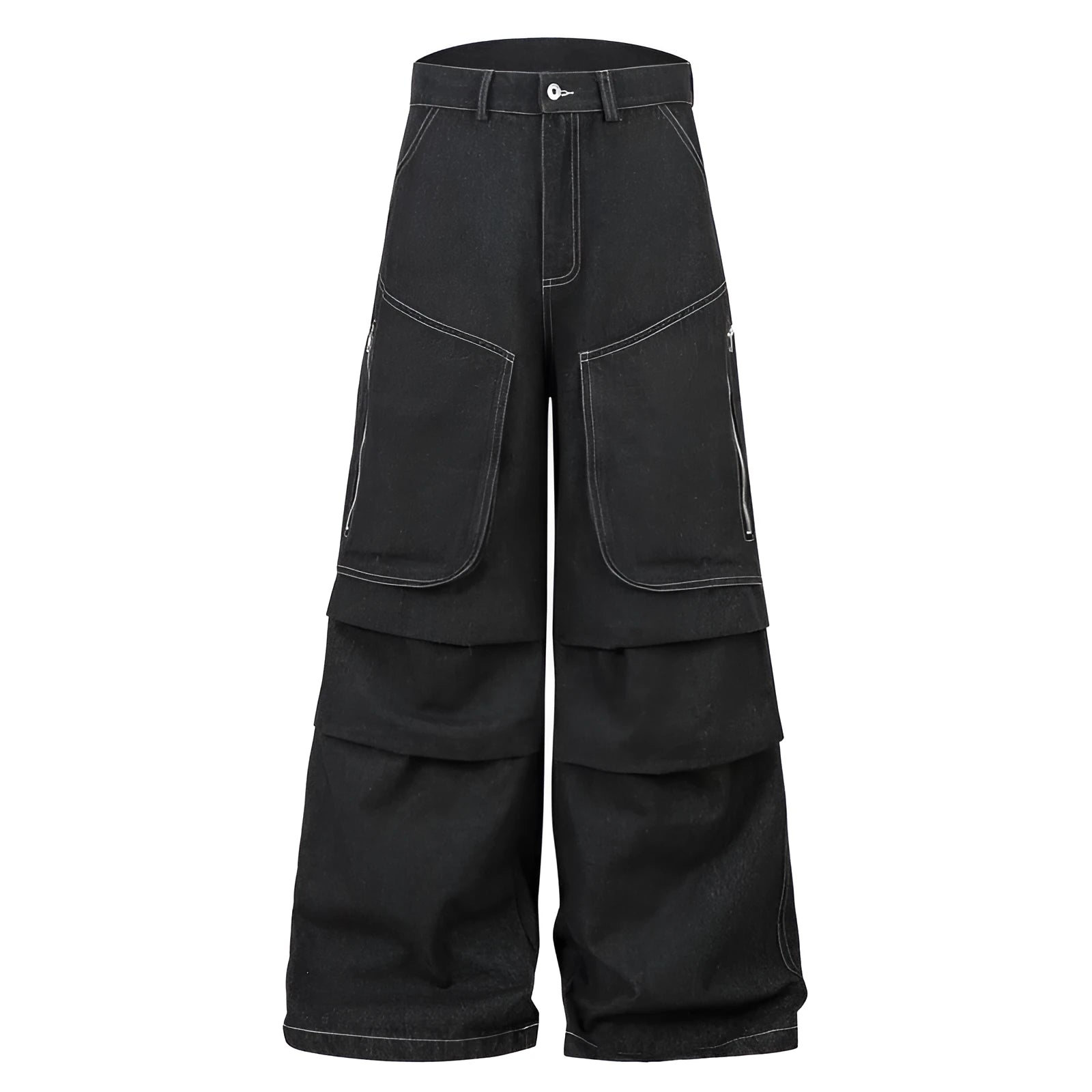 Black pleated mid-waist cotton denim jeans with multi-pocket workwear style on a hanger.