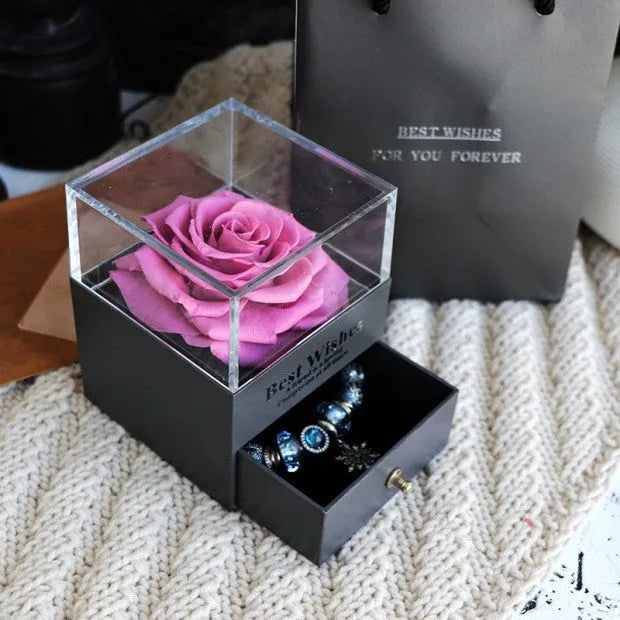 Preserved eternal rose and carnation gift box in glass display case for jewellery storage