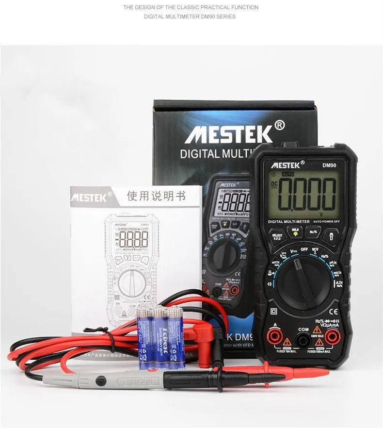 DM90A digital multimeter with display, test leads, and thermocouple for temperature measurement.