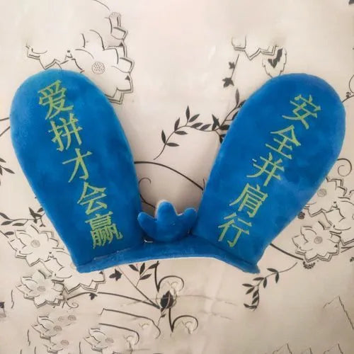 Rabbit Glow Ears helmet decoration with locomotive and ski designs on a Velcro base