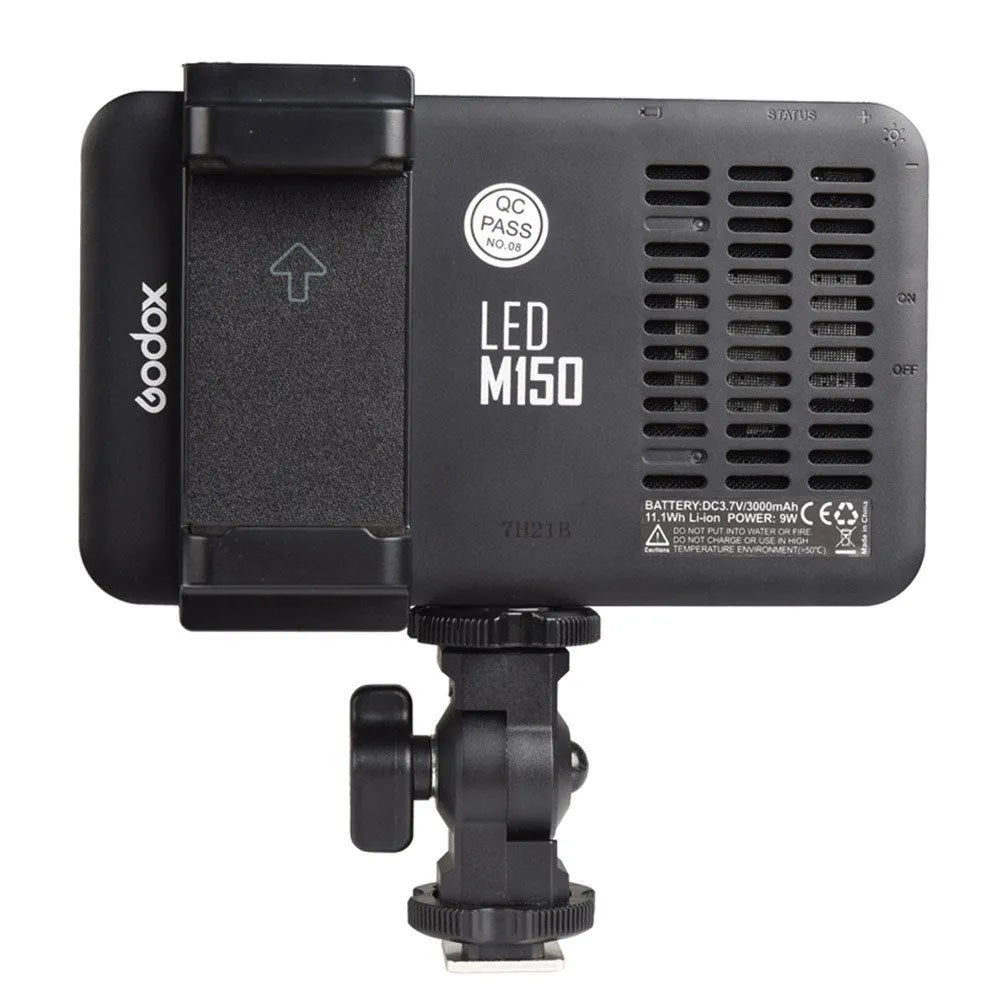 Shenniu M150 ultra-thin silver LED video light mounted on a smartphone showing its slim profile