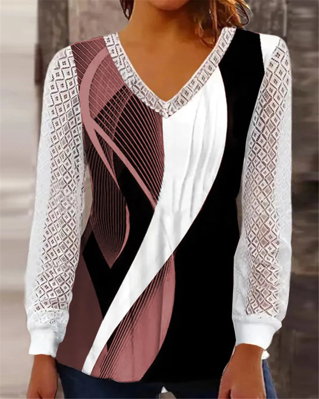 Women's V-neck loose lace top with hollow-out detailing in purple, wine red, gray or blue