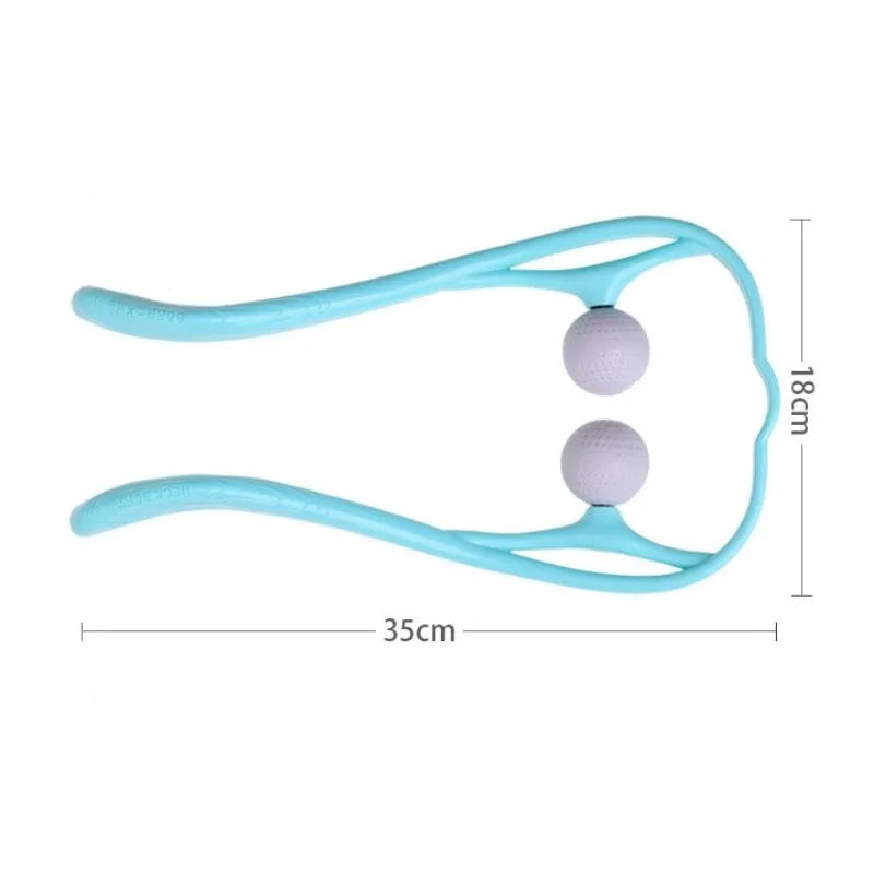 Plastic neck massager with hand roller in pink, blue, or green colours on adjustable stand