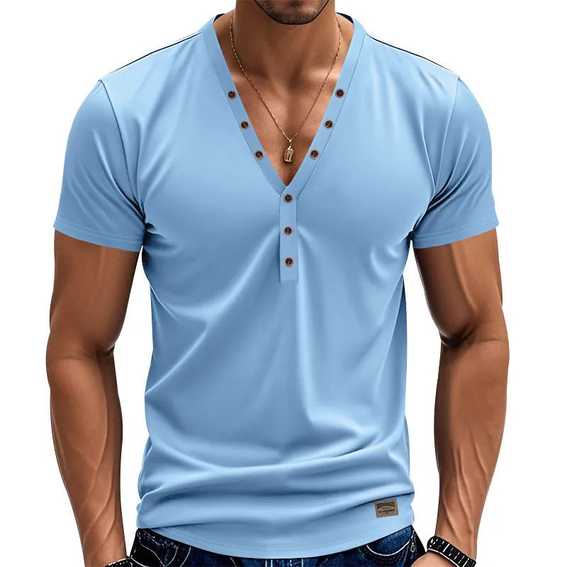 Men's loose solid colour V-neck long sleeve pullover top with button detail.