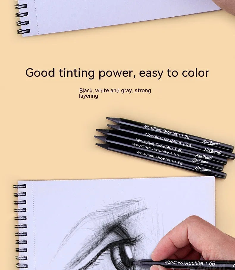 Wood-free graphite sketching pencil set with six different grades HB 2B 4B 6B 8B EE