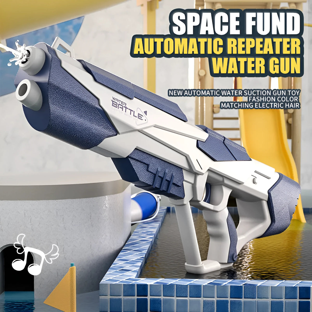 Blue electric water gun with USB charging cable and 358ml water capacity for outdoor play