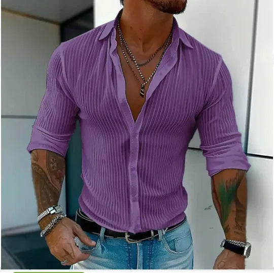 Men's striped cardigan long sleeve shirt with 3D pattern design in chemical fibre blend fabric