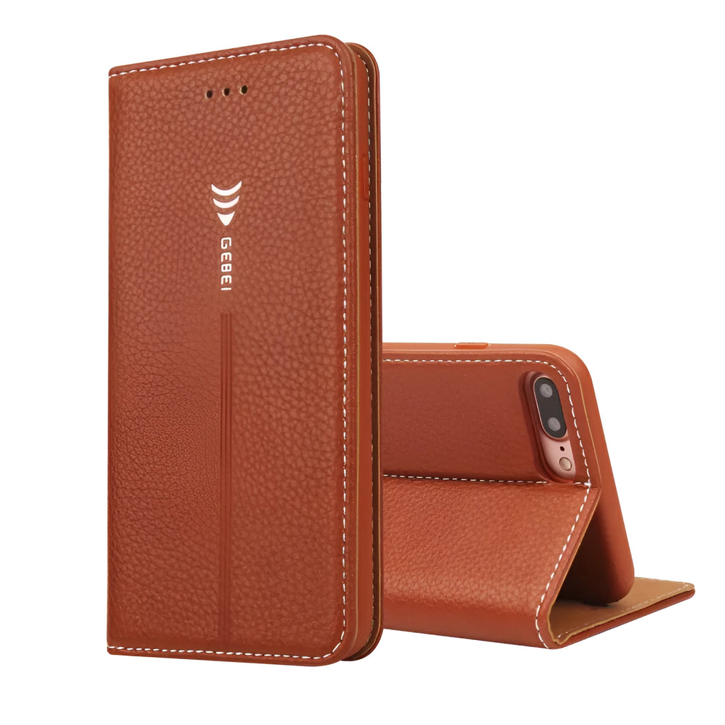 Black PU leather wallet case open to show iPhone slot and credit card holders