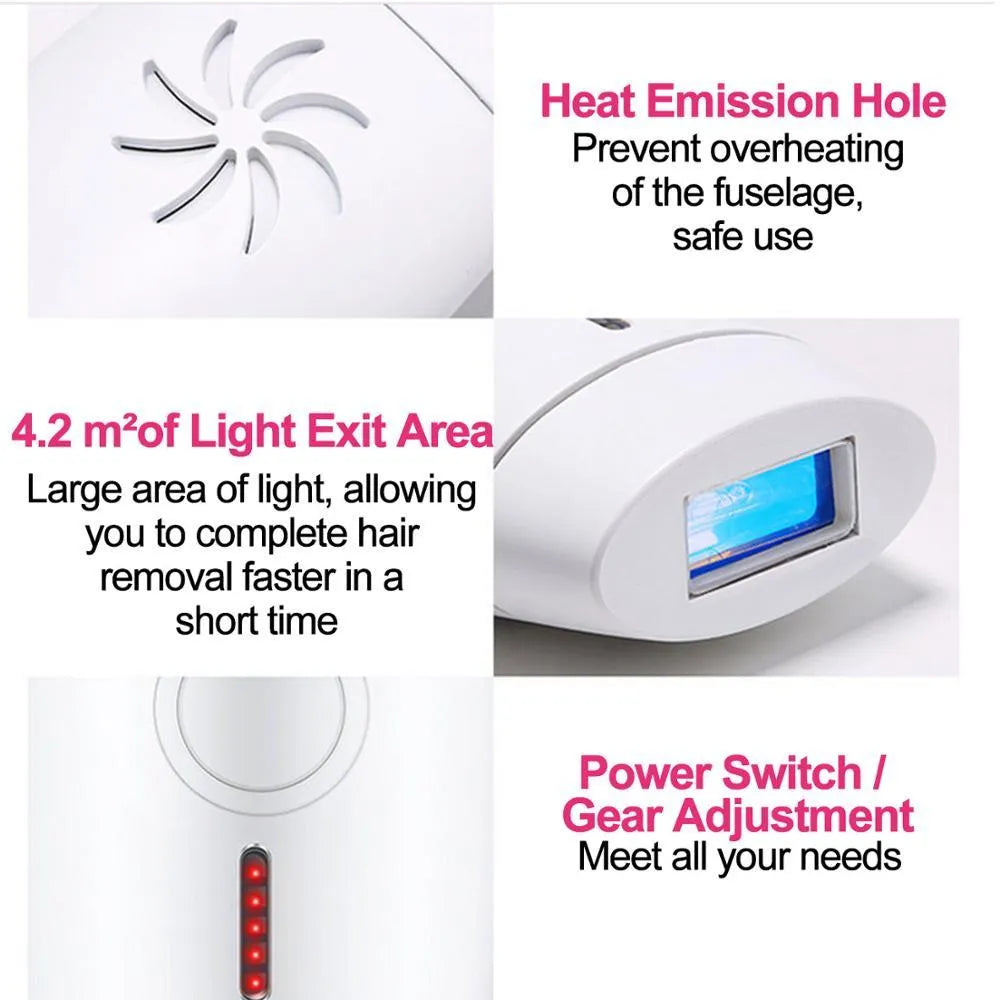 White home laser hair removal device with LCD display and five adjustment buttons