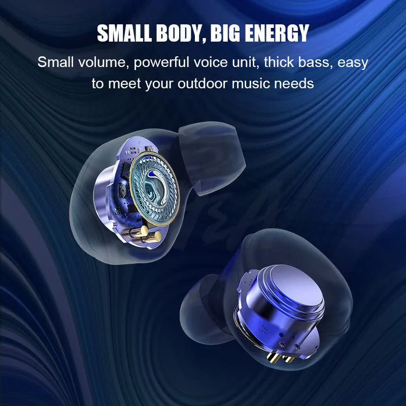 Black Bluetooth wireless headset with charging case showing earpieces stored in compact case