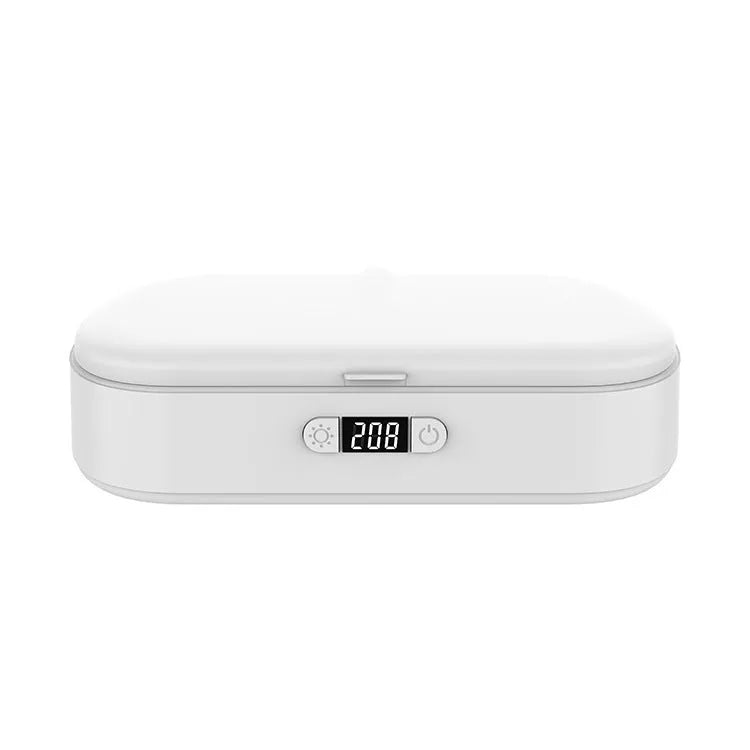 White aromatherapy UV steriliser box with wireless charging for mobile phones and small personal items