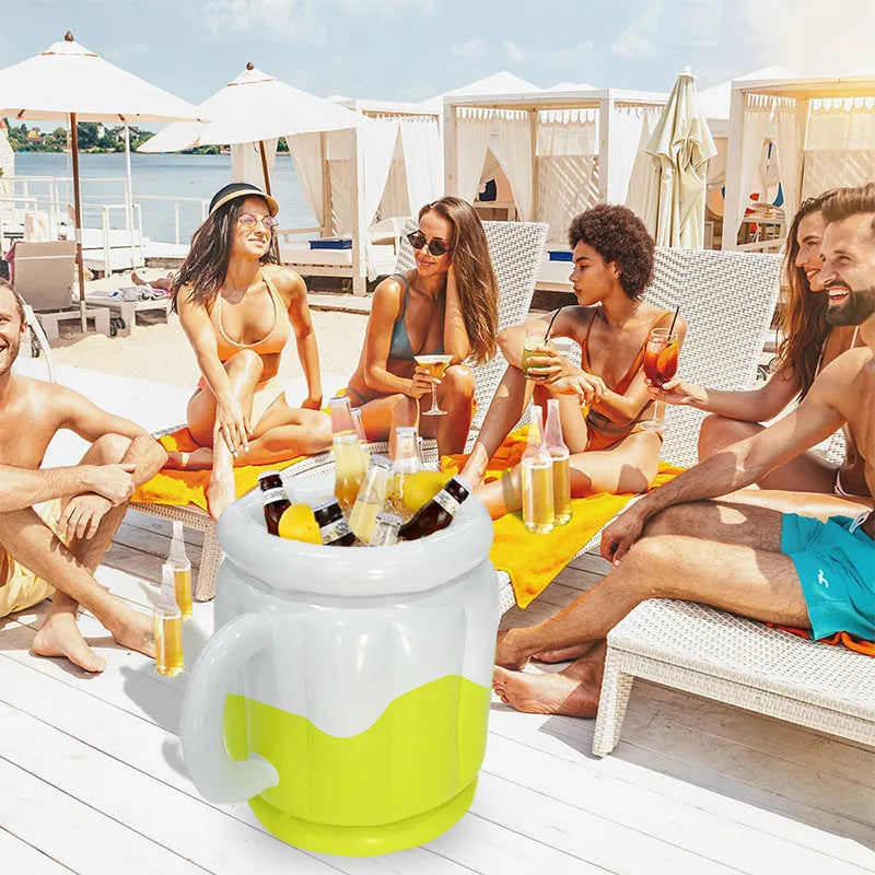 Yellow inflatable PVC ice bucket designed for beer steins, deflated for portable transport