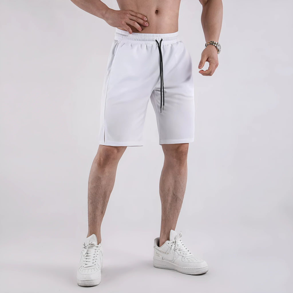 Men's black quick-drying mesh casual shorts with elastic waistband on a neutral background