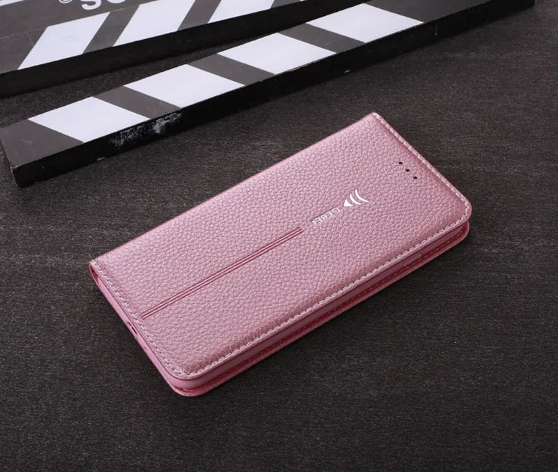 Black PU leather wallet case open to show iPhone slot and credit card holders