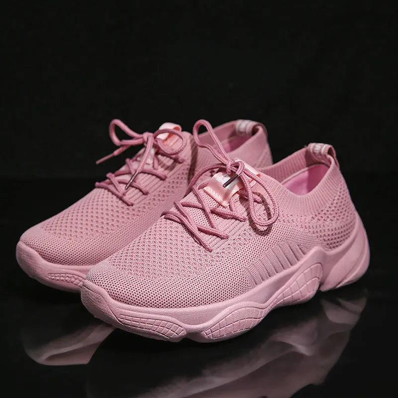 Women's white thick-soled sports shoes with flying woven upper and front strap design