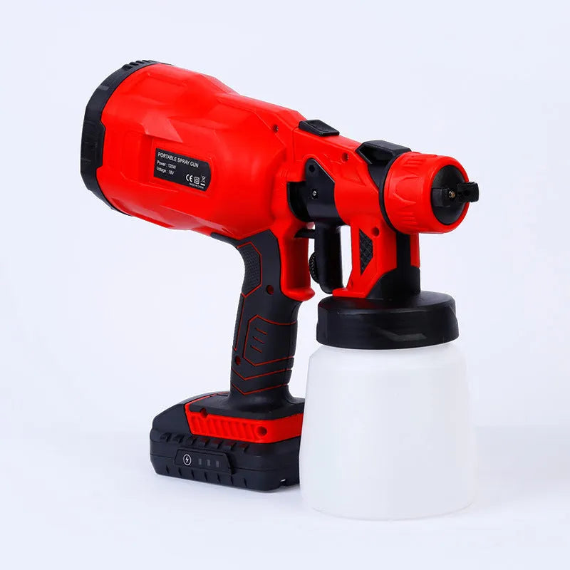 Blue cordless paint spray gun with 800ml watering can attached