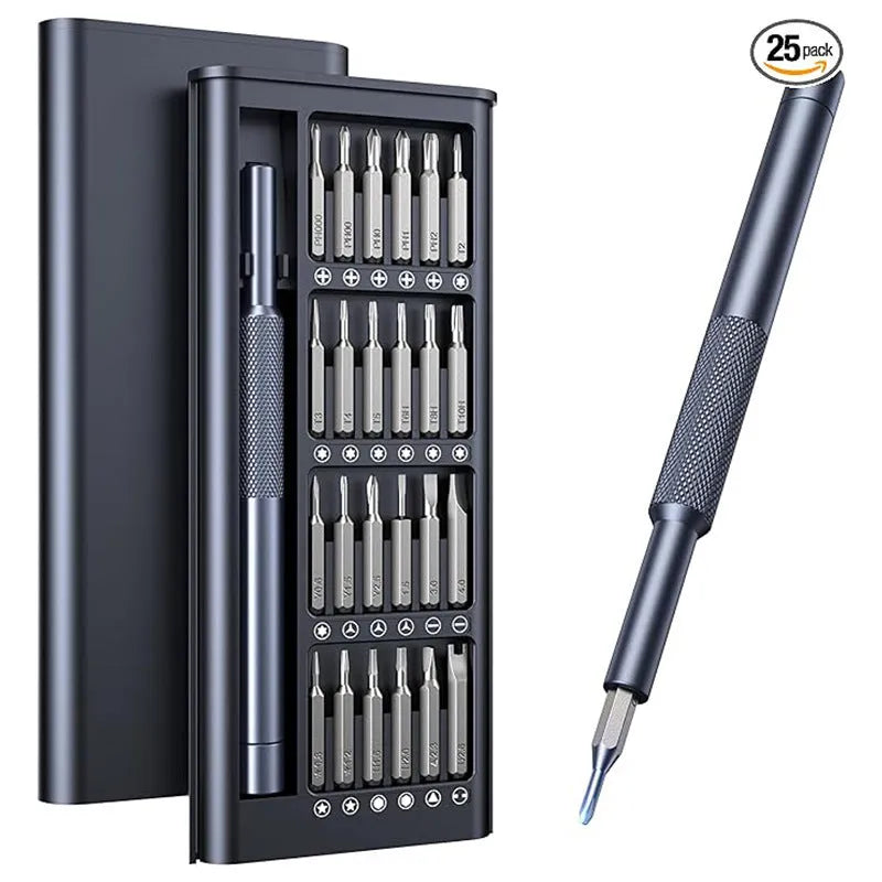 Compact 25-in-one magnetic screwdriver set with knurled handle and bits stored inside.