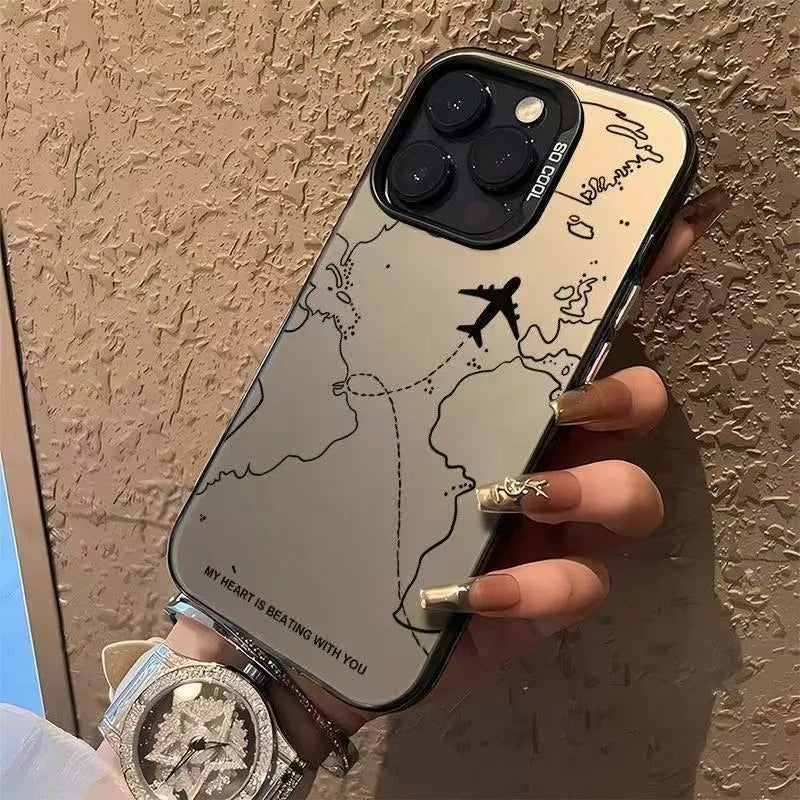 Silver PC hard phone case with flight map design in black, white, purple, or green for iPhone 11 to 16 Pro Max.