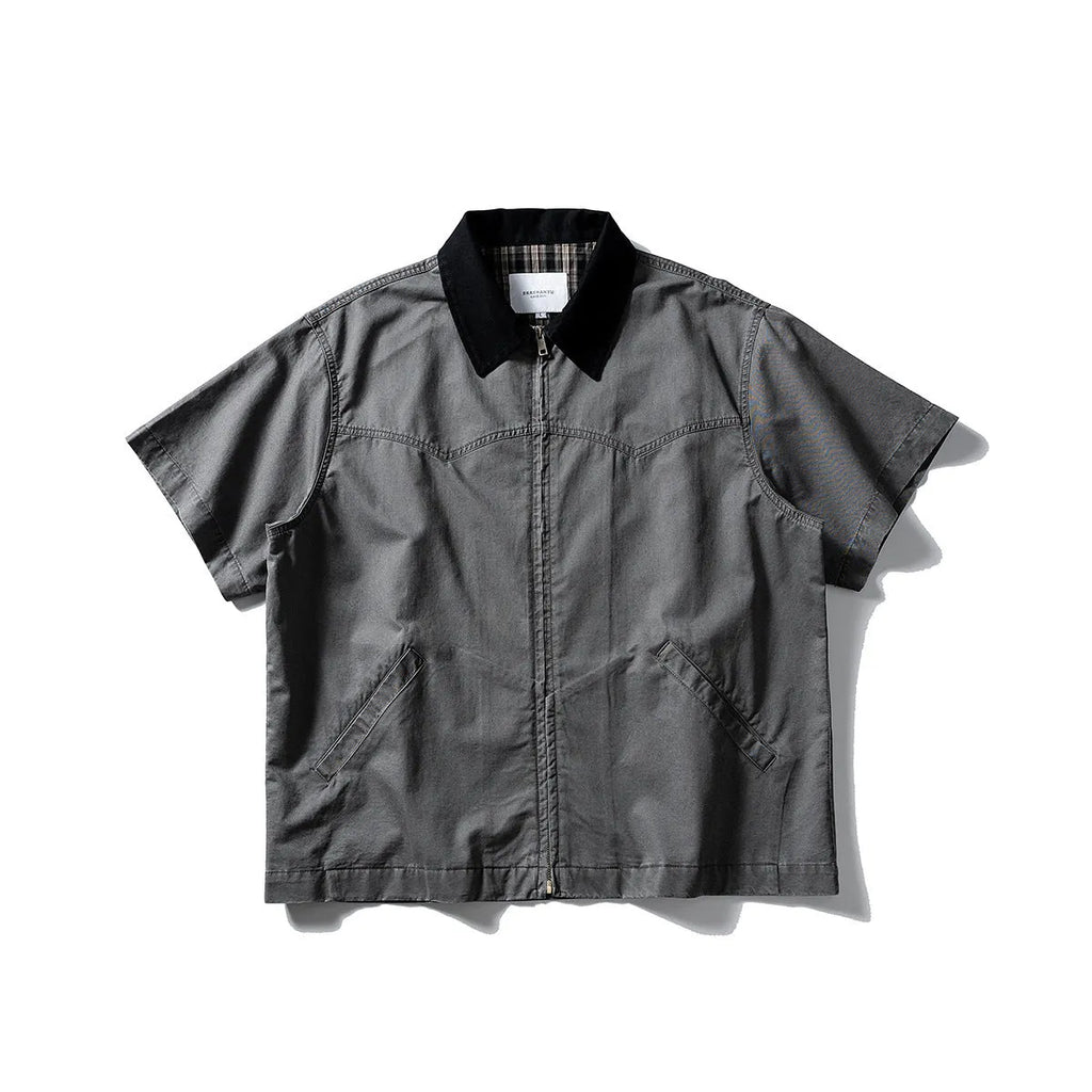Men's short sleeve cotton overalls shirt in loose cardigan style, khaki colour option