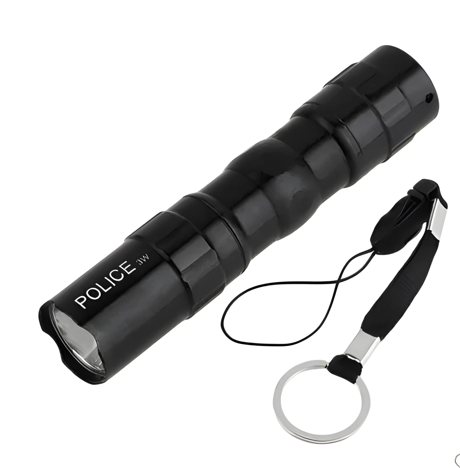 Black aluminium mini LED flashlight showing compact 9.5cm size with AA battery for scale