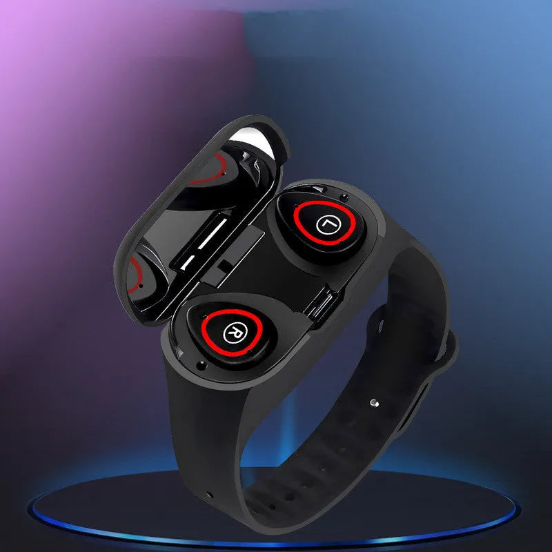 Smart bracelet earphone combo in silicone wristband with 1-inch screen, shown in black, blue, and red.