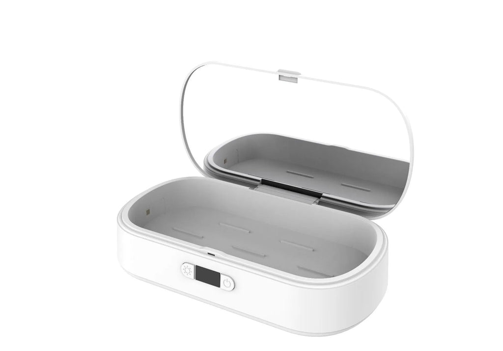 White aromatherapy UV steriliser box with wireless charging for mobile phones and small personal items