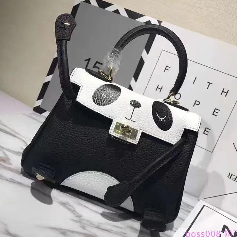 Panda print cow leather handbag in horizontal square shape with animal pattern