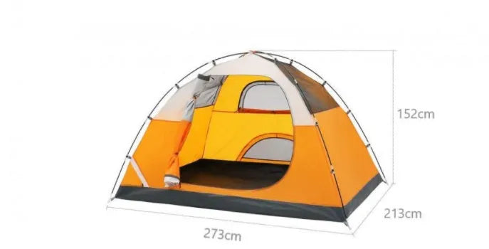 Orange 2-person camping tent with fibreglass poles, 1000 mm waterproof index, packed size 42 x 15 x 15 cm