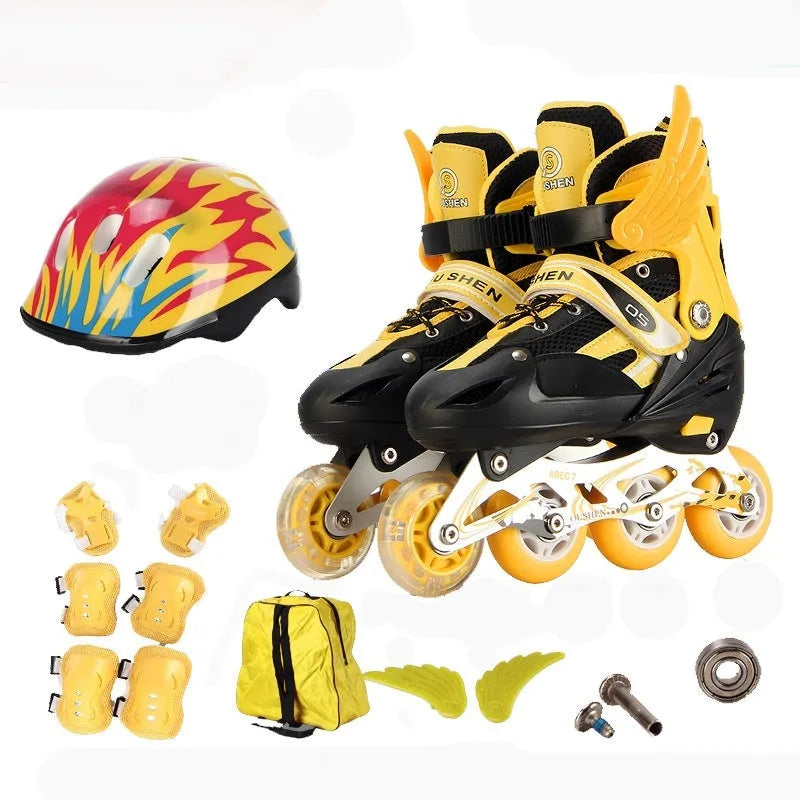 Children's adjustable roller skates with aluminium frame, PU mesh upper, and complete protective gear set