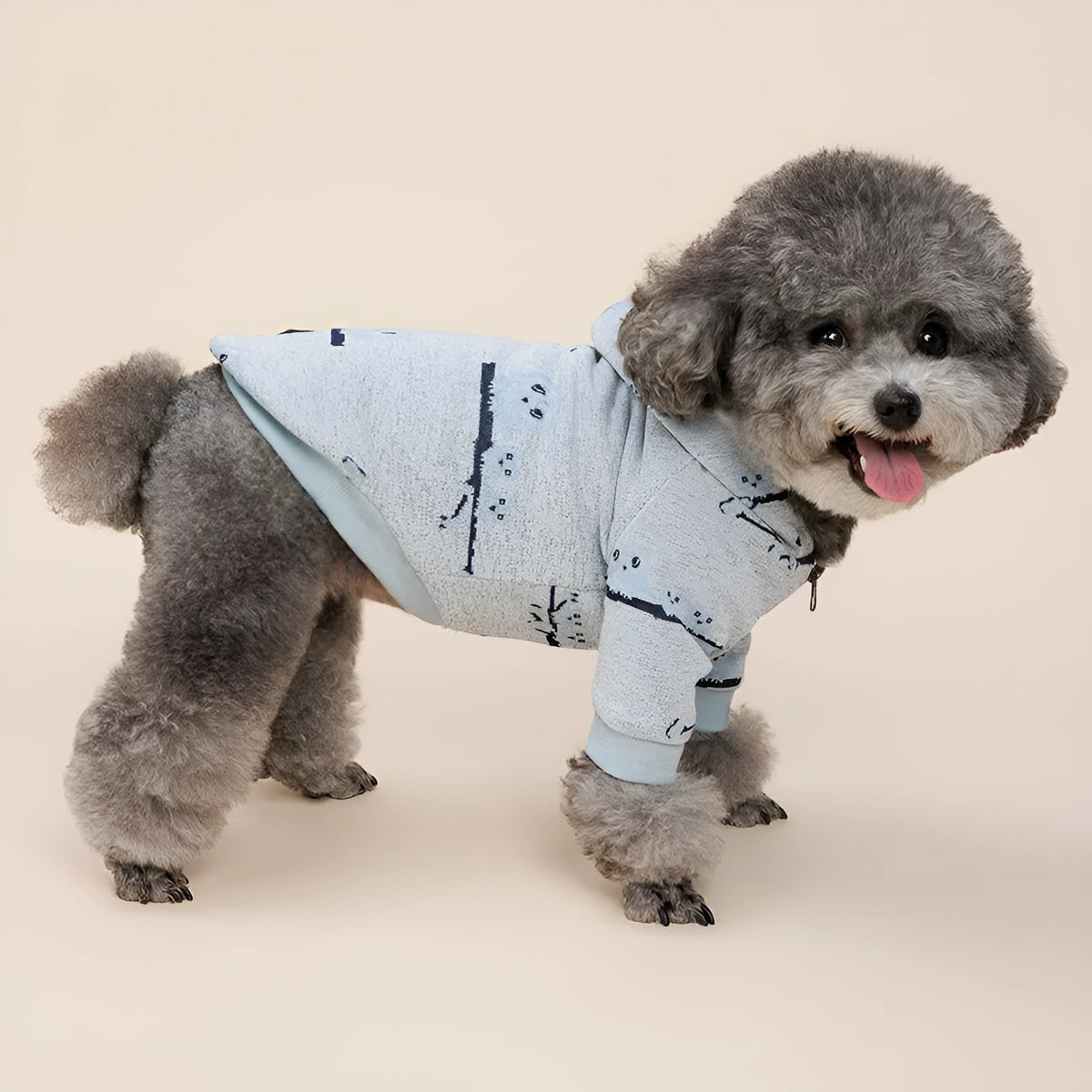 Blue casual dog sweater with front zipper closure on canine model
