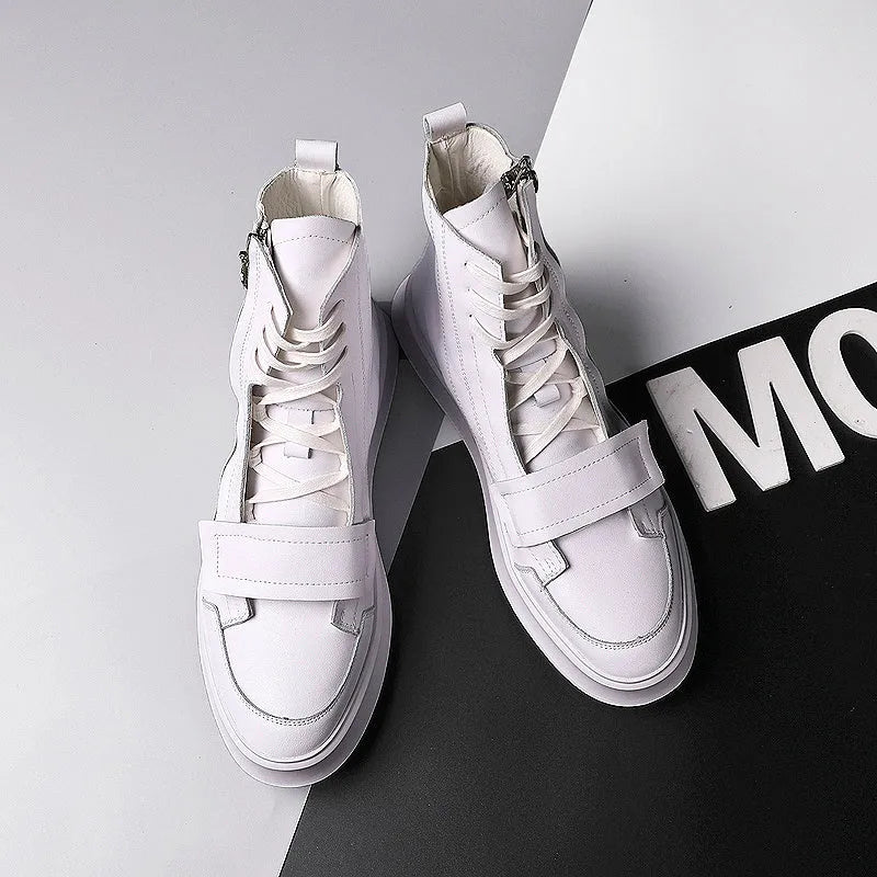 Men's black and white PU leather ankle boots in high-top sneaker style for winter