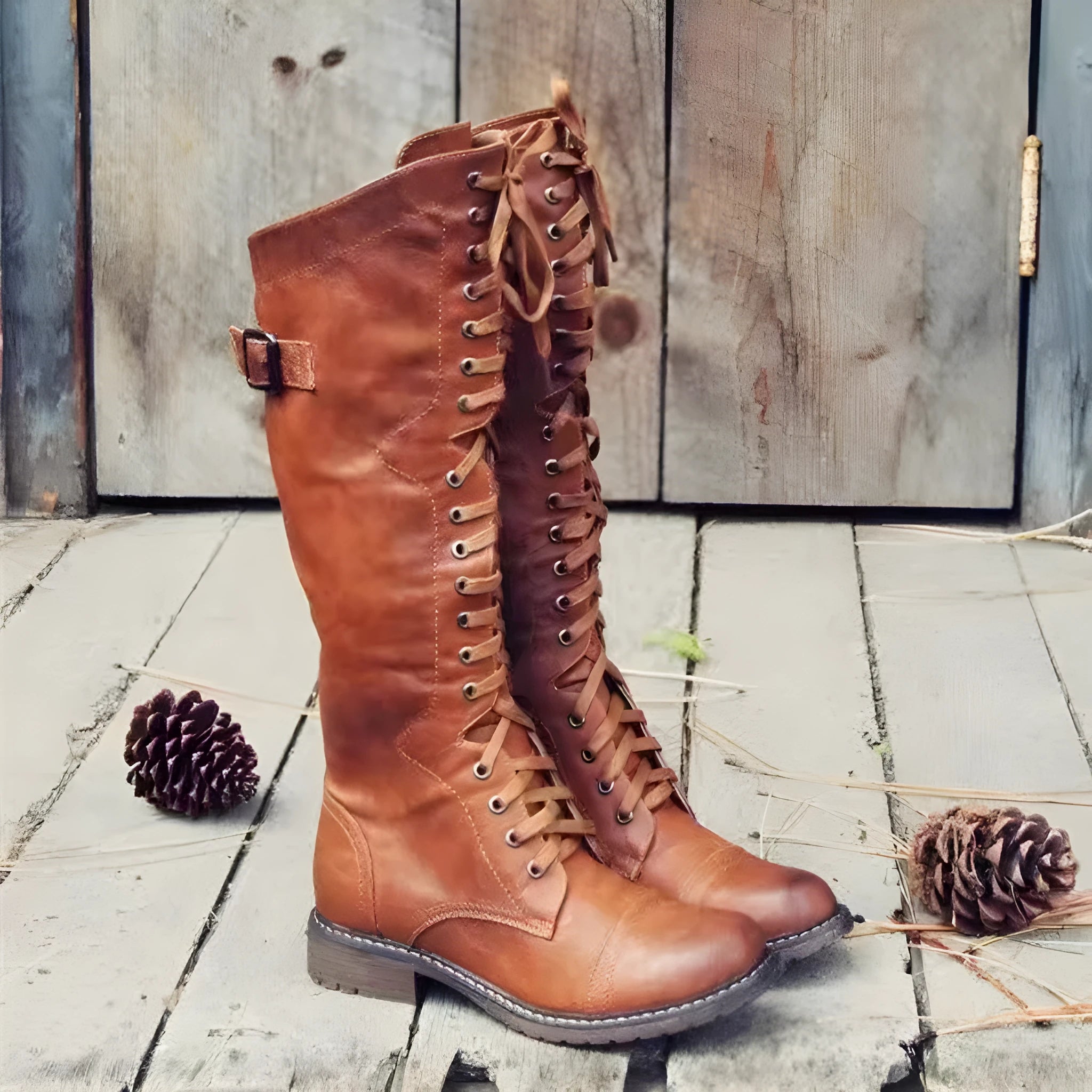 A pair of black chunky heel high leg boots with a round toe on a solid background.