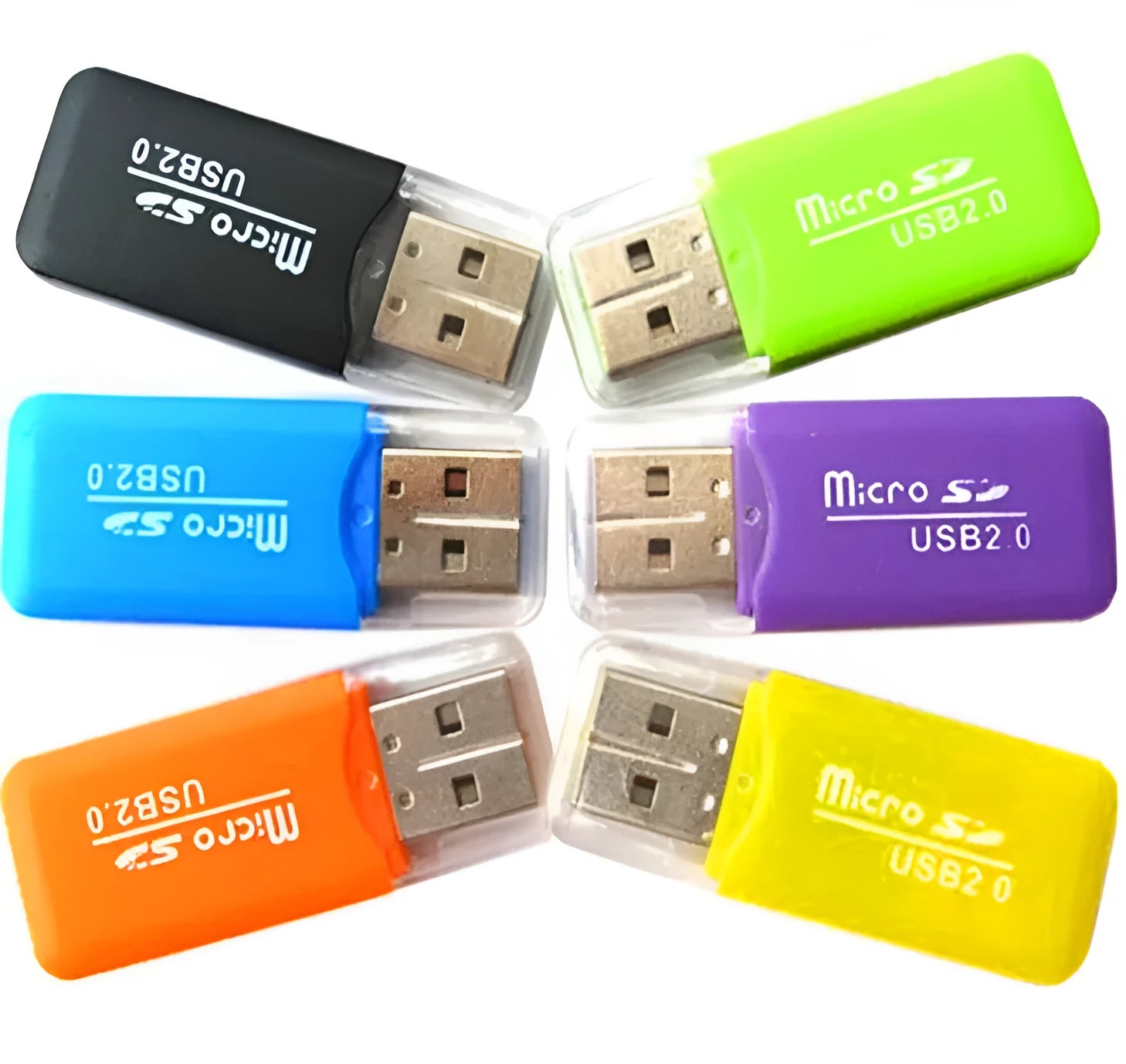 Mini USB card reader with a 16GB MicroSD card and SD card adapter on a table.