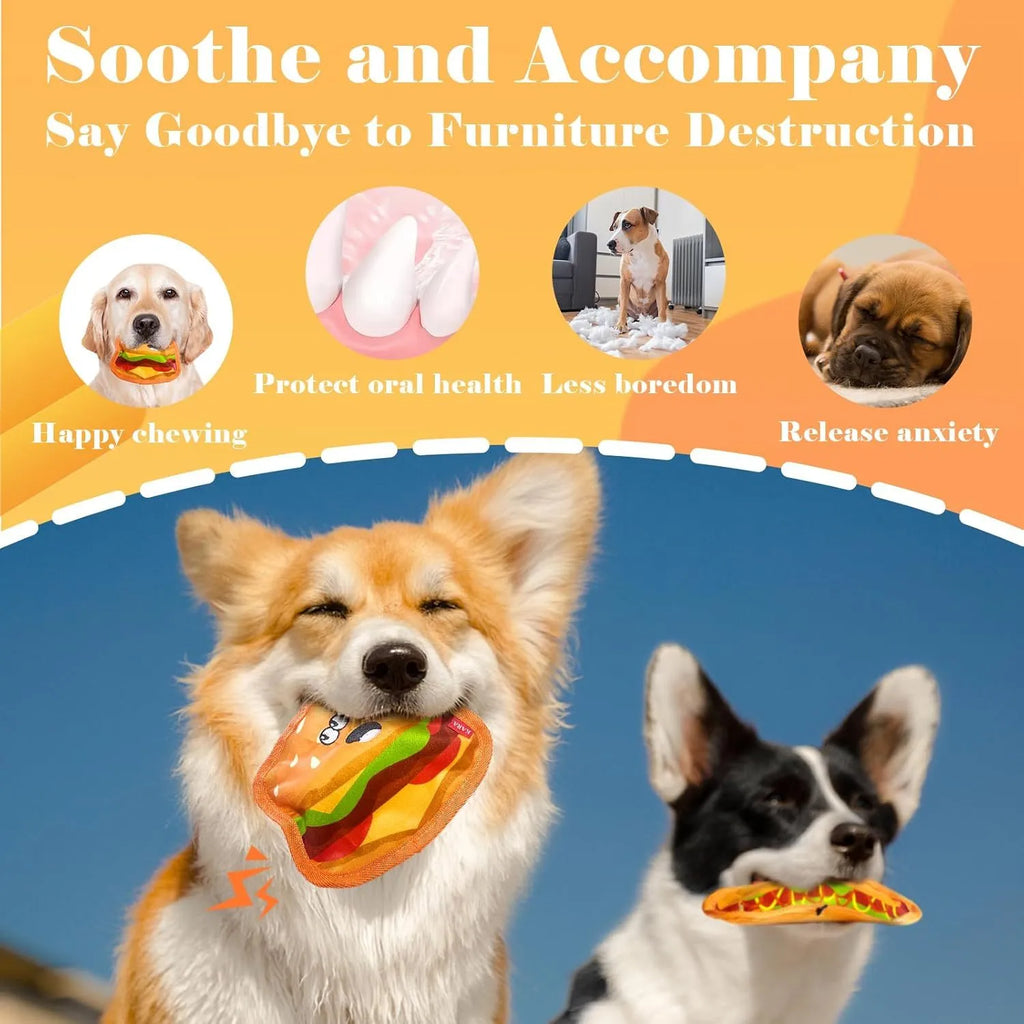 Red and yellow hamburger-shaped dog chew toy with dual crinkle and squeak sounds.