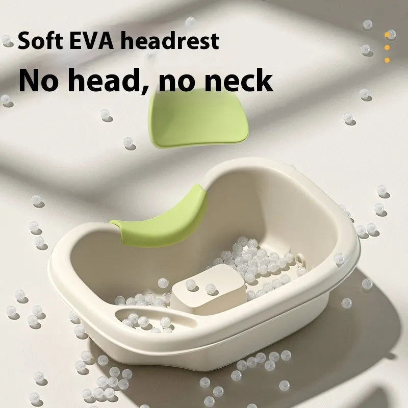 Portable plastic shampoo basin with head pad, circulating pump and massage brush for bed use.
