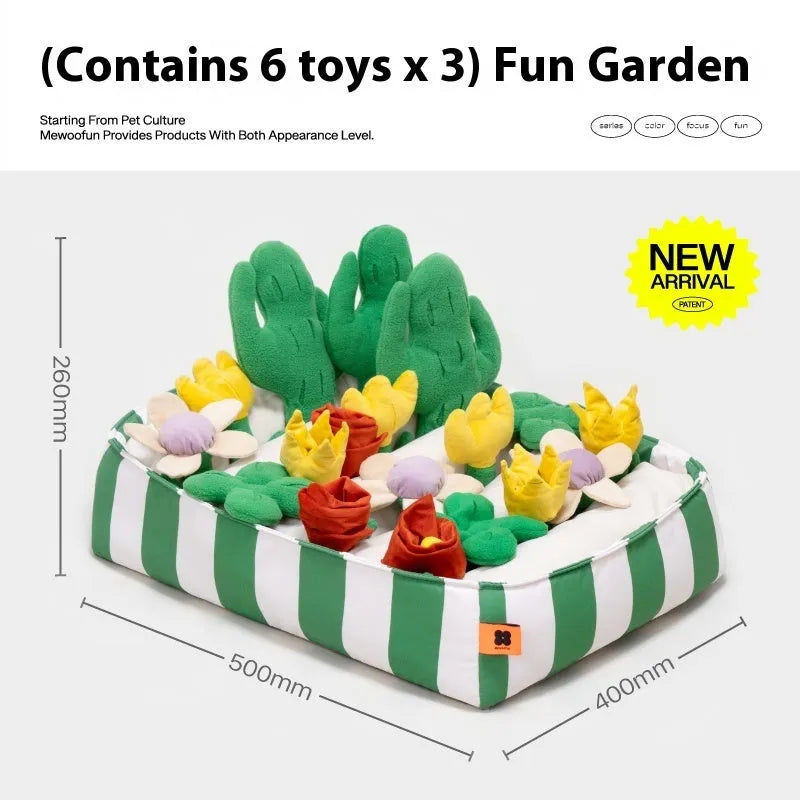 Garden Camping themed fabric dog sniffing mat for hiding treats as a puzzle activity.
