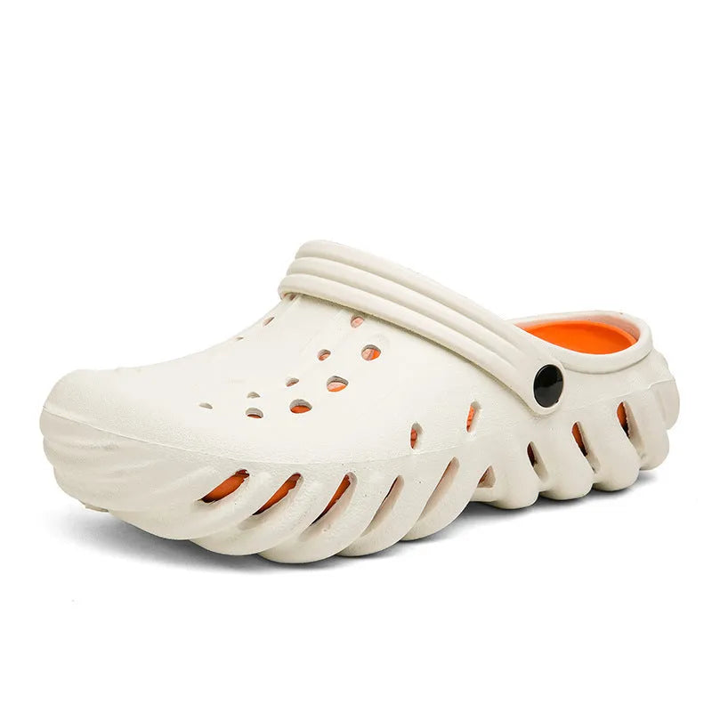 Men's beige hollow out slipper sandals with round toe and EVA construction