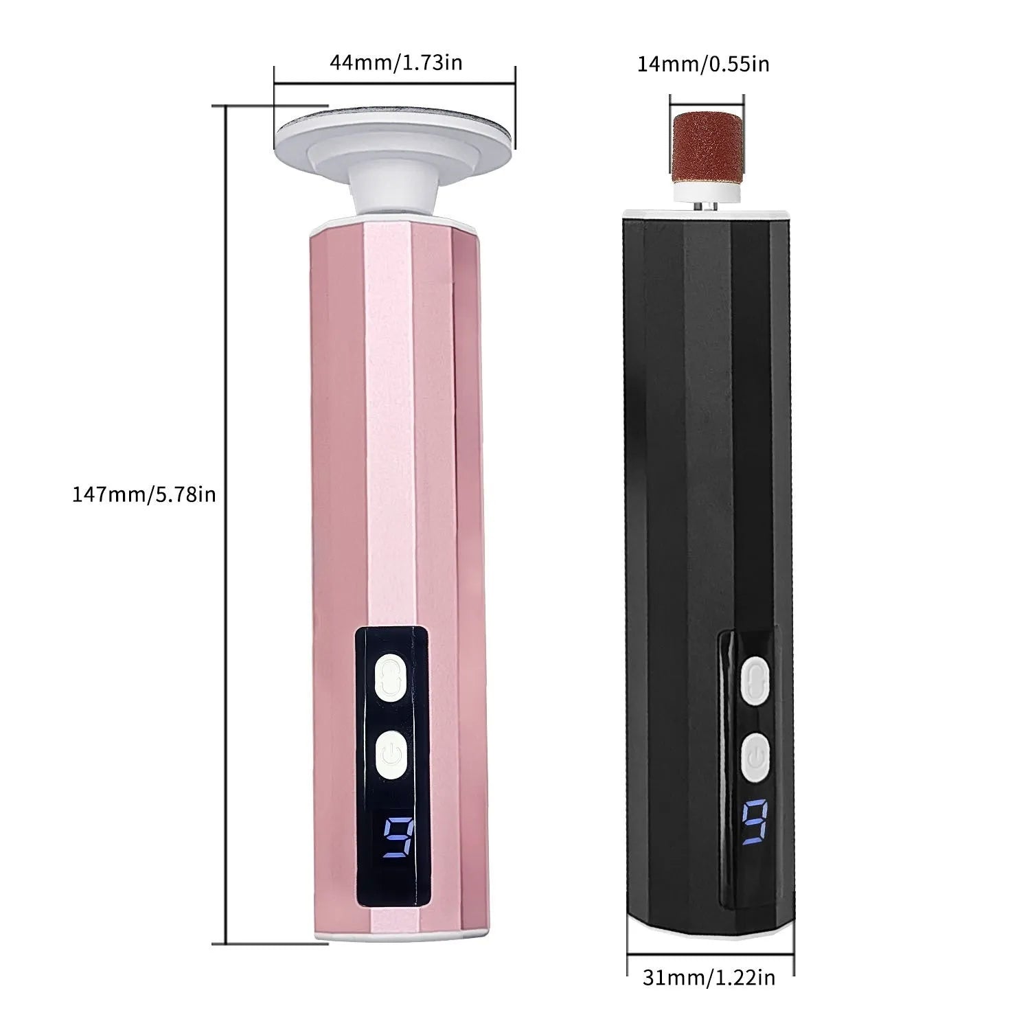 USB-powered electric callus remover foot file with sanding discs in pink, black, or purple.