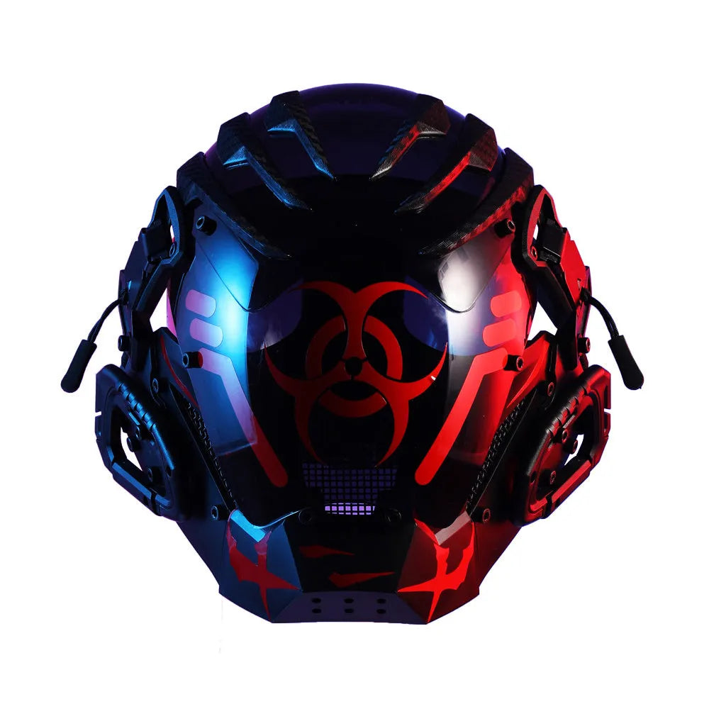 Black full-face sci-fi prop helmet with detailed bioweapon tech sculpted design