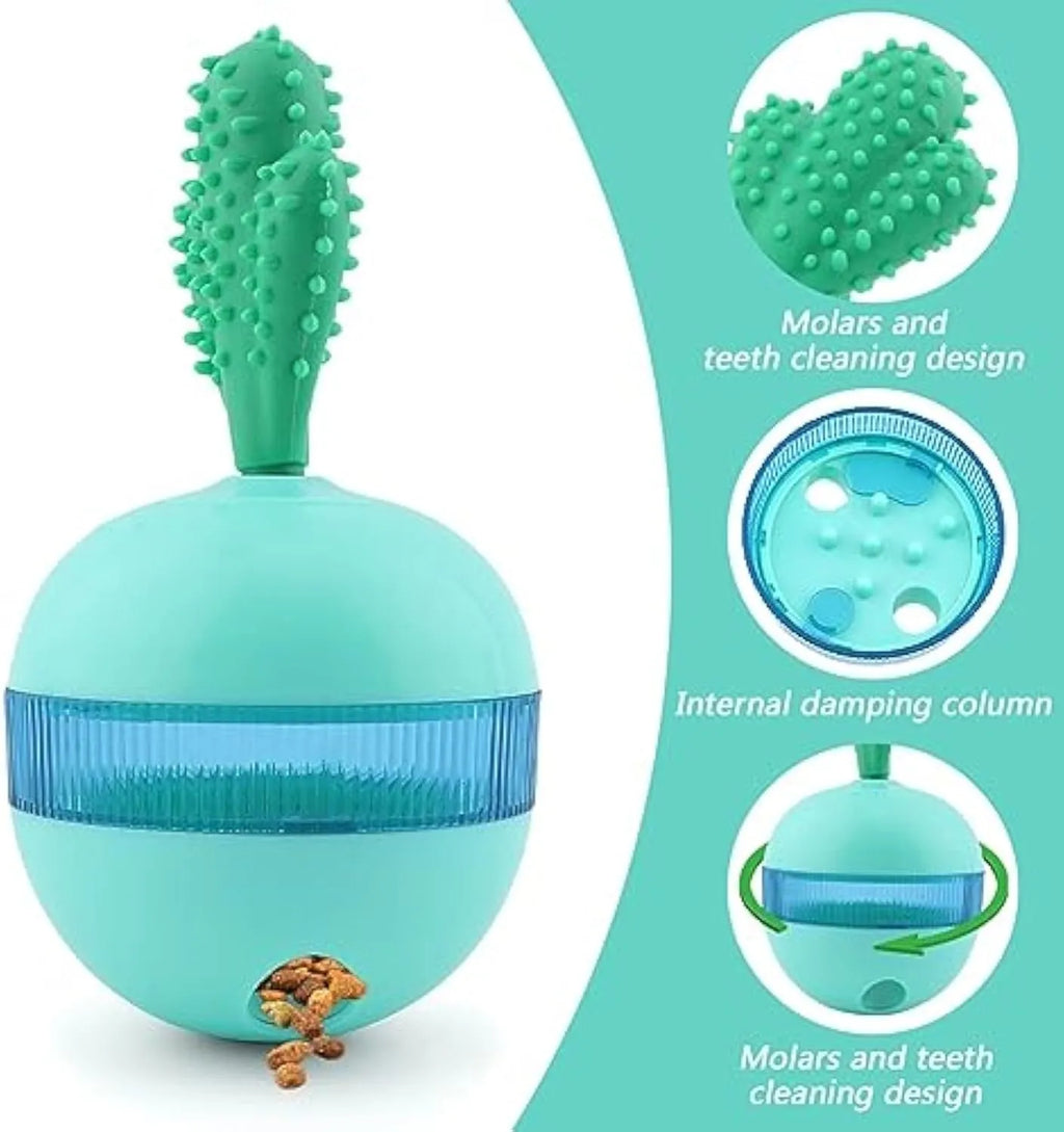 Blue and green durable rubber treat dispensing dog ball for medium and large dogs