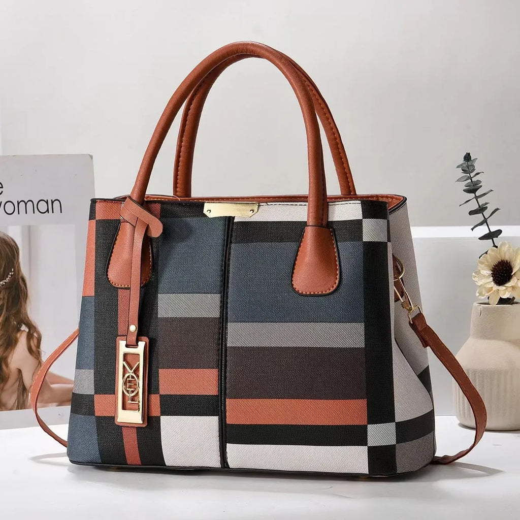 Soft PU large capacity square shoulder bag for women in a selection of colours including plaid.