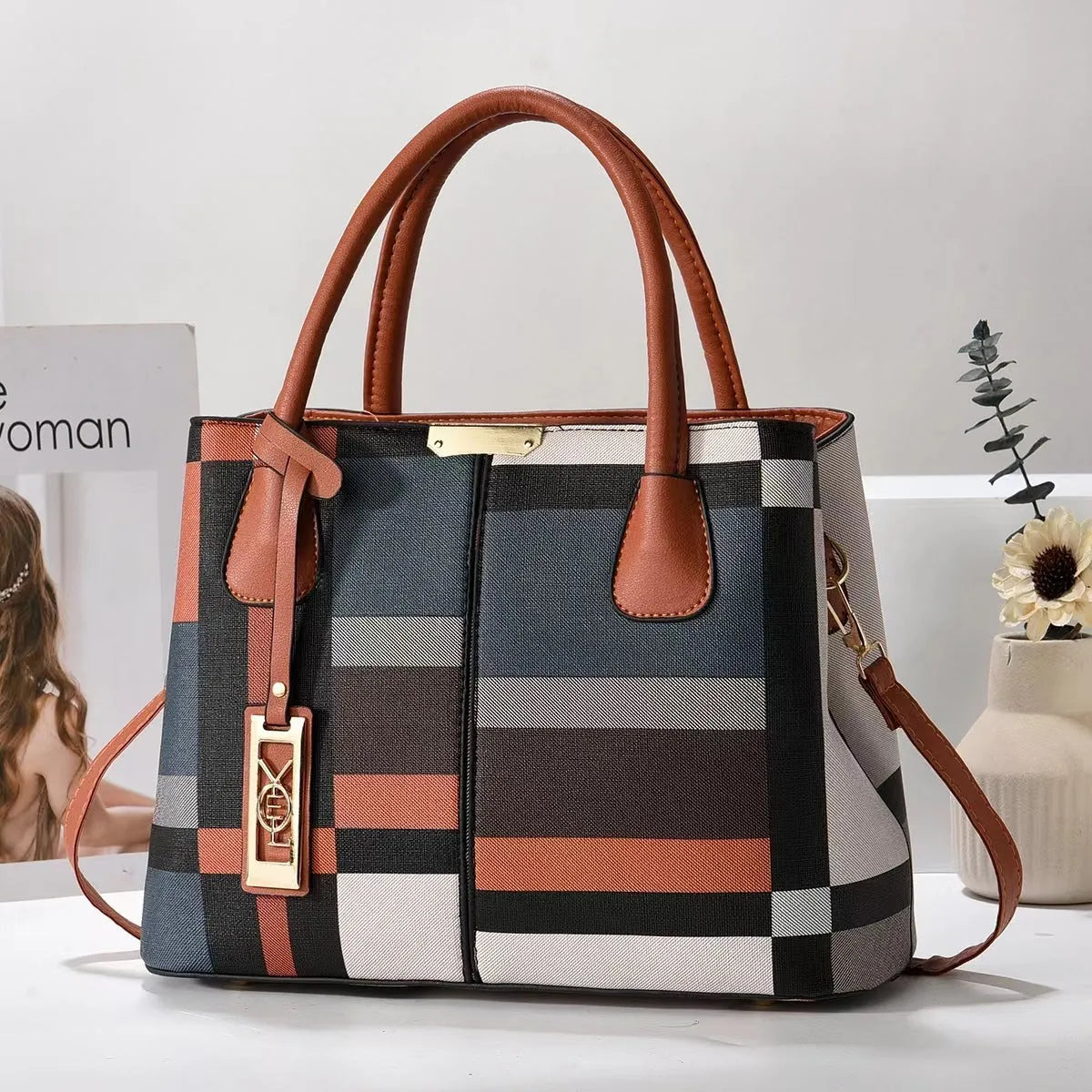 Soft PU large capacity square shoulder bag for women in a selection of colours including plaid.