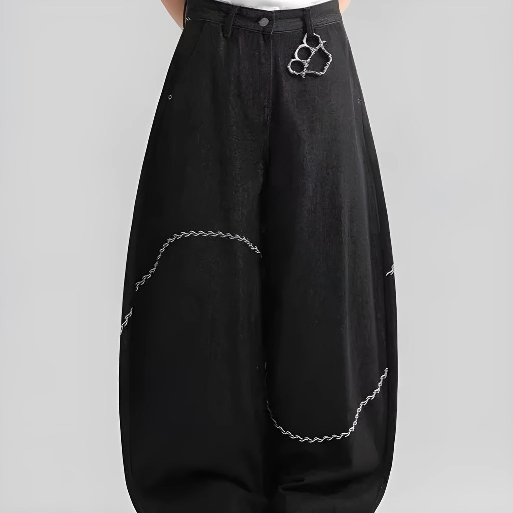 Black straight-leg men's trousers with mid-waist design and zip fly placket in micro-elastic polyester denim fabric