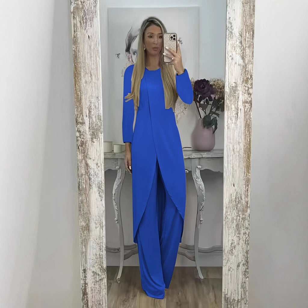 Women's long sleeve round neck shirt and trousers two-piece casual set in black.