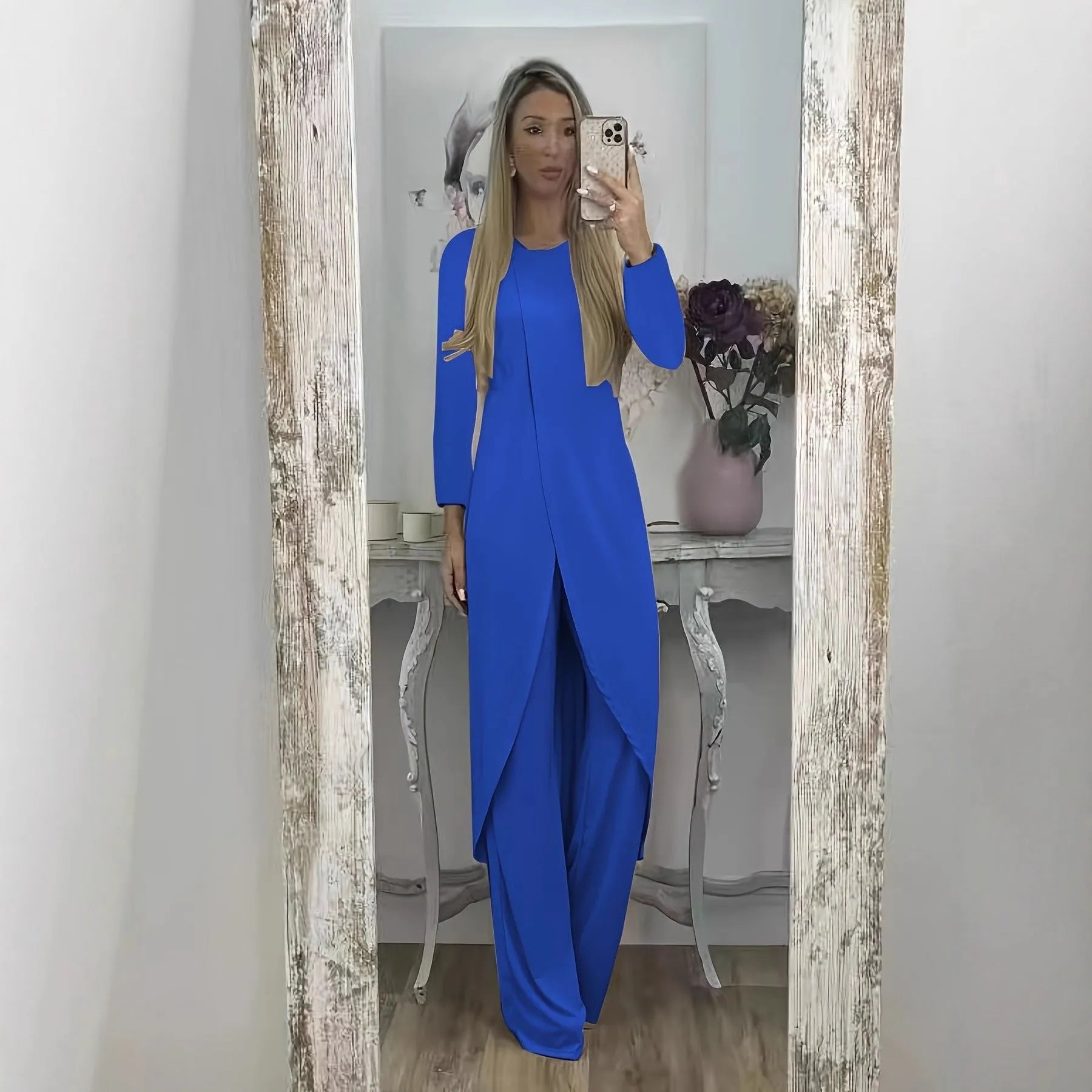 Women's long sleeve round neck shirt and trousers two-piece casual set in black.