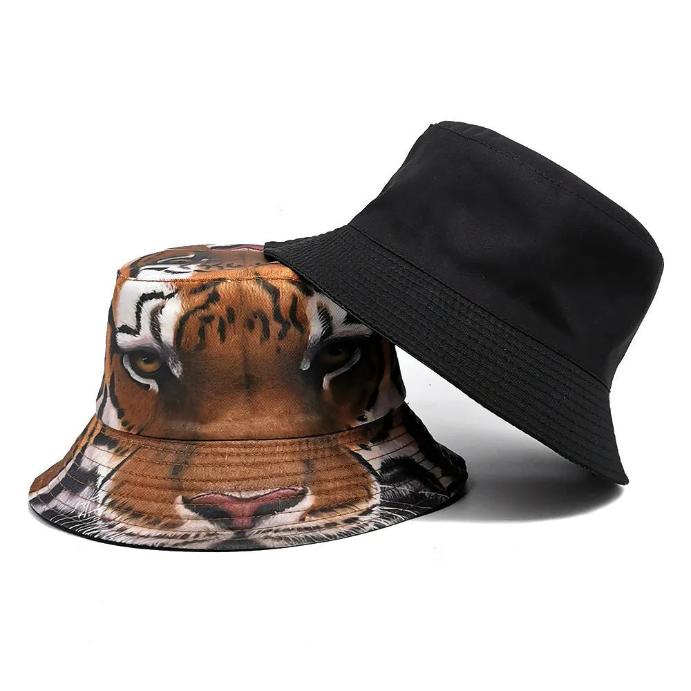 Tiger pattern polyester bucket hat with dome crown in khaki colour, size M 56-58cm